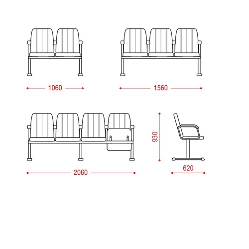 Купить Секция из трех стульев с откидными сиденьями и подлокотниками
